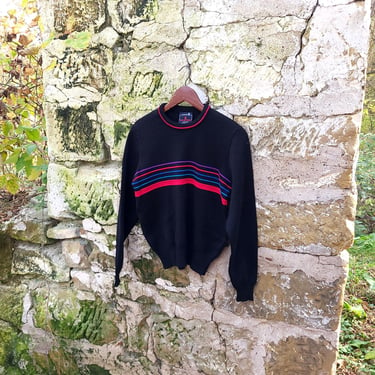 Vintage 1990's Knit Demetre Wool Black Striped Ski Pullover Sweater / S to M 