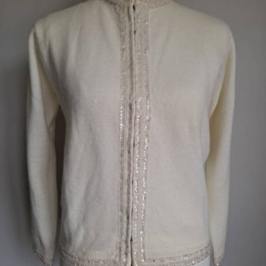 Vintage 1960's Tai Tung Co Lambswool Angora Cashmere Sequined Beaded Zip Up Sweater S/M 