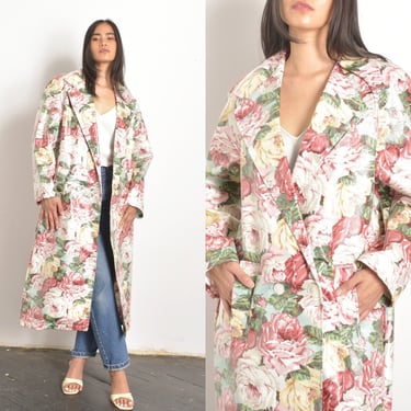 Vintage 1980s Jacket / 80s Floral Chintz Raincoat / Pink ( M L ) 