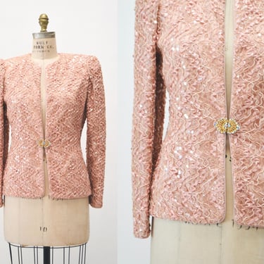 80s 90s Vintage Pink Sequin Jacket Metallic Peach Coral Pink Sequin Jacket Blazer size Small Medium 80s 90s Wedding Sequin Jacket Small 