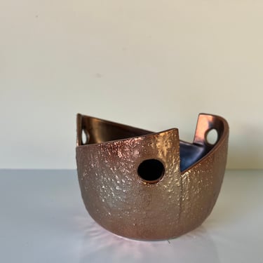 Vintage Copper Finish Sculptural Art Ceramic Bowl 