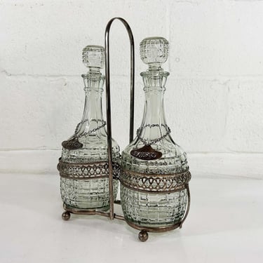 Vintage Glass Decanter Set Storage Liquor Scotch Whiskey Cocktail Retro Bar Cart Decor Barware Silver Metal Carrying Case 1950s 1960s 