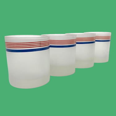 Vintage Water Glasses Retro 1970s Mid Century Modern + Red and Blue Stripes + White Frosted + Glass + Set of 4 + Drinkware + MCM Kitchen 