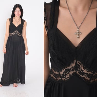 Black Lace Nightgown 70s Lingerie Slip Dress Maxi Sweetheart Neckline Nightie Gothic Lingerie Boudoir Intimates Bohemian Vintage 1970s Small 