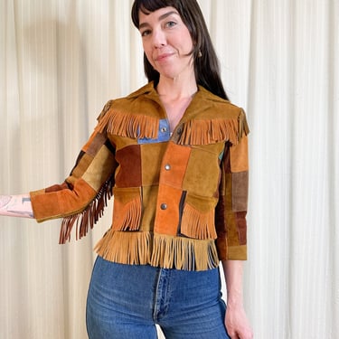 70s patchwork fringe western suede jacket 