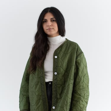 Vintage Green Liner Jacket | White Buttons | Wavy Quilted Nylon Coat | L | LI061 