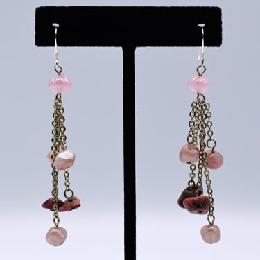 80's sterling rose quartz rhodonite shoulder duster dangles, 925 silver rolo chain pink stone boho earrings 