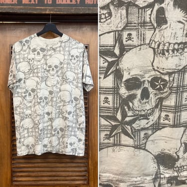 Vintage 1990’s Skull Punk Goth Cotton AOP All Over Print T-Shirt, 90’s Tee Shirt, Vintage Clothing 