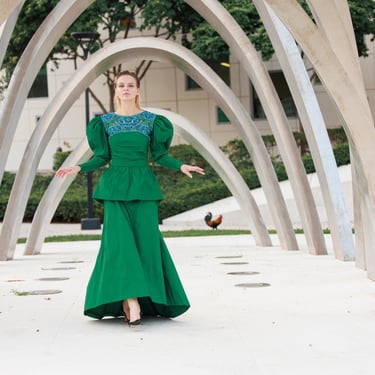 40s Emerald Green CARVEN French Haute Couture Mutton Sleeves Gown Vintage French High End Bow Sequin Formal Dress 