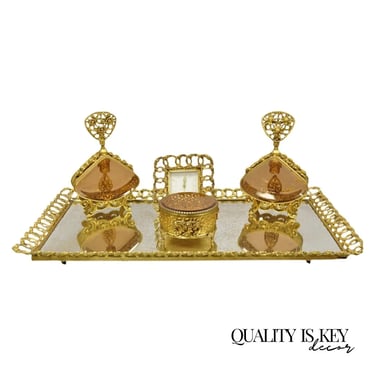 Vtg Filigree Gold French Vanity Set Perfume Bottles Clock Jewelry Box Tray 5 Pcs