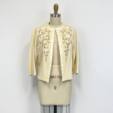 Vintage 1950s Beaded Wool Bolero Jacket with Bracelet Sleeves and Satin Trim | Size Small 