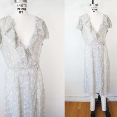 Vintage Y2K Semi Sheer Silk Floral Fairy Dress M - 2000s Ruffle Neck Whimsical Daisy Dress - Plunge Neck See Through Light Blue 