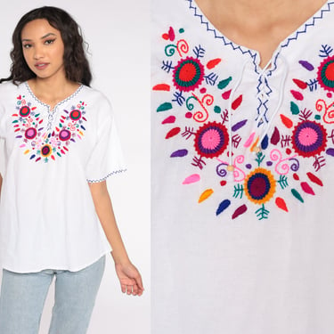 White Embroidered Blouse Floral Mexican Peasant Top Boho Hippie Bohemian Vintage Lace Up Tent Shirt Short Sleeves Festival Medium Large 