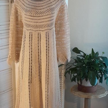 Vintage 60s/70s Cotton CrochetLace Cream Color Lined Midi Dress 