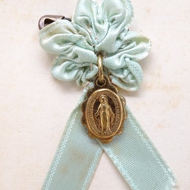 Tiny Antique Immaculate Mary Charm Pendant on Satin Ribbon, Vintage Religious Our Lady Madonna Cross Icon Pin 