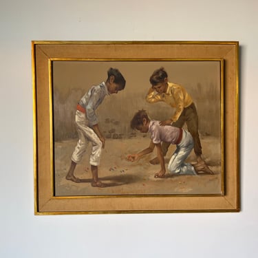 1960's Menoolla Children Playing Marbles Oil on Canvas Painting 
