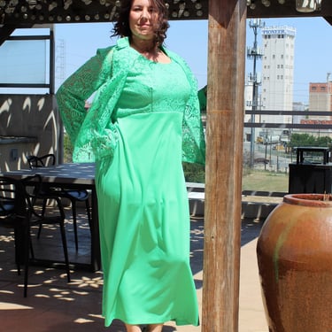 Plus Size Maxi Dress, Vintage 1970s, Maxi Dress & Jacket Set, 2X Women, Green Mother of the Groom Outfit 