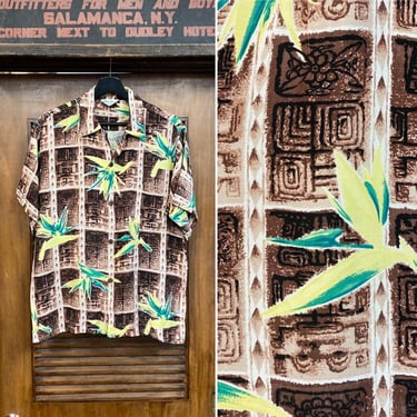Vintage 1960’s 1950’s Style Atomic Tiki Rayon Loop Collar Hawaiian Shirt, Matching Pocket 
