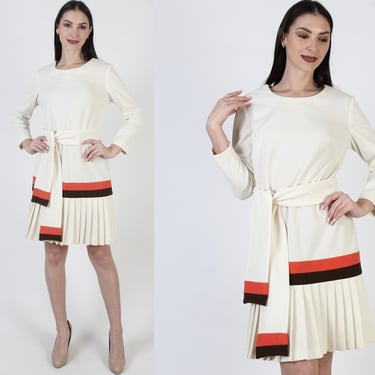 Mod Colorblock Dress, 70s Tennis Style Mini, Pleated Full Skirt, Schoolgirl Uniform With Belt 