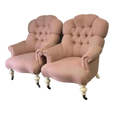 Ethan Allen Tufted Redgrave Armchairs in Pink Stripe - a Pair 