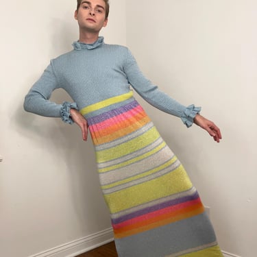 70s Banff metallic rainbow technicolor striped wool knit maxi dress 