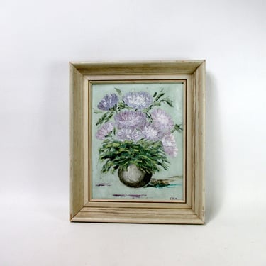 Still-life Mums in a Vase Original Signed Impasto Painting Purple Floral Framed Painting Vintage Botanical Cottagecore Wall Art Shabby Chic 