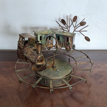 Vintage Metal Wind-Up Train Carousel Music Box plays I've Been Working on the Railroad 