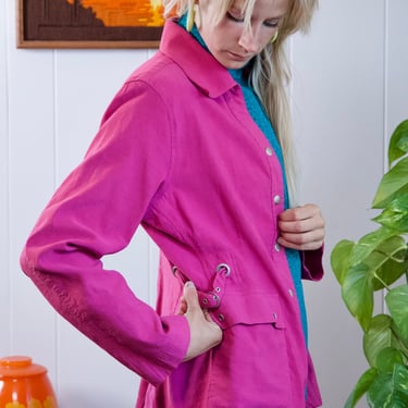Vintage Magenta Linen Blend Jacket Blazer 90s Streetwear Casual Rayon Pink Jacket With Snaps Pockets Dagger Collar 90s Aesthetic S / M 