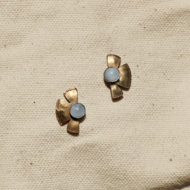 Solis Studs - Oxidized Brass, Sterling Silver + Blue Moonstone Glass