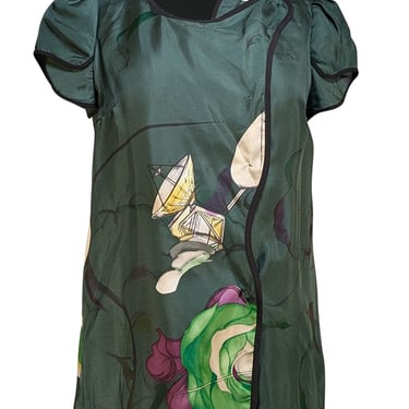 Prada - Green Silk Printed Short Sleeve Top Sz 8