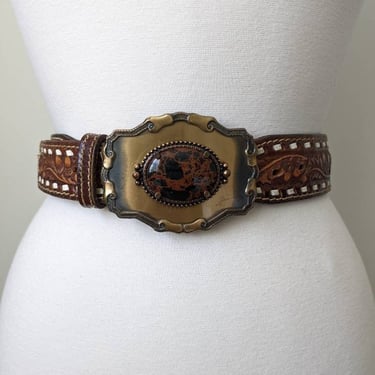 Vintage Tooled Leather Belt, Extra Large 42 / Acorn Oak Leaf Design with Cabochon Buckle / Unisex Mens Womens Country Western Cowboy Belt 