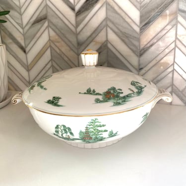 Narumi China Green Willow Covered Casserole Dish, Vegetable Serving Bowl with Lid, Japan, Mid Century Asian Theme, Pagoda, Trees, Gold Trim 