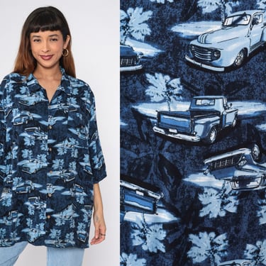 90s Classic Truck Shirt Antique Car Shirt Rockabilly Shirt Tropical Palm Tree Short Sleeve Vintage Button Up Blue Plus Size Men's 2xl xxl 