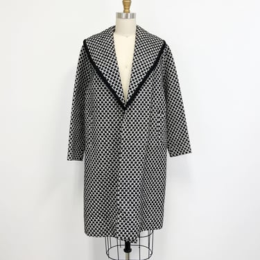 Vintage Black and White Open Front Coat | 1950s Topper with Shawl Collar and Pockets | Size Small 