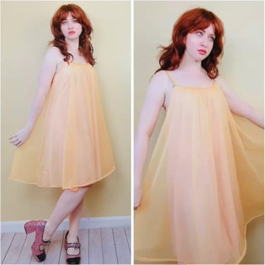 1960s Vintage Orange Sherbet Nylon Babydoll / 60s / sixties Chiffon Layered Pastel Swing Nightgown / Medium - XL 