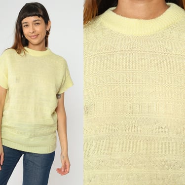 80s Textured Sweater Top Light Yellow Knit Short Sleeve Shirt Striped Zig Zag 1980s Jumper Vintage Spring Knitwear Retro Medium M 