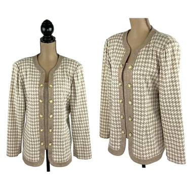 L 80s Long Sleeve Cream & Beige Houndstooth Blouse Large, Secretary Office Wear, 1980s Clothes Women Vintage from LESLIE FAY 