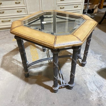 Leather Impressed Octagonal Side Table with Glass Top