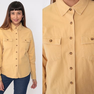 90s LL Bean Shirt Muted Yellow Long Sleeve Utility Shirt Boyfriend Button Up Blouse Vintage 1990s Normcore Hiking Chest Pocket Medium 