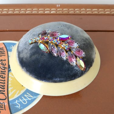 vintage Juliana pink & red rhinestone brooch • 1950s molded glass leaf shaped AB rhinestone pin 
