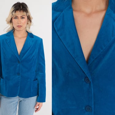 Blue Velvet Blazer Jacket 90s Button up Jacket Retro Simple Plain Professional Chic Preppy Minimalist Work Office Vintage 1990s Medium 10 