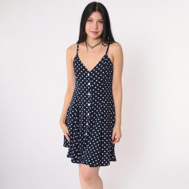 Vintage 90s Polka Dot Dress Navy Blue Mini Button Up 1990s V Neckline Spaghetti Strap Sundress Fit and Flare A-Line Hipster Rayon Medium 8 