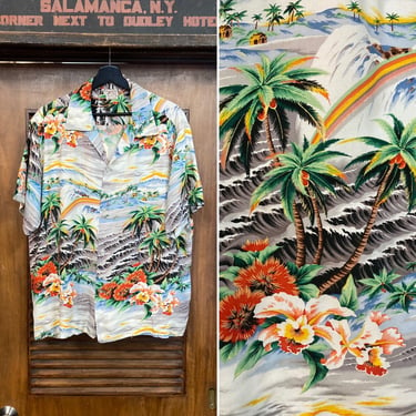 Vintage 1950’s Size XL Tropical Island Palm Tree Design Rayon Hawaiian Shirt, 50’s Loop Collar Shirt, Vintage Clothing 