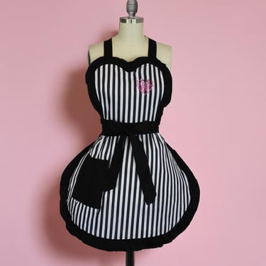 Spiderweb Heart Black & White Striped Vintage Inspired Apron 