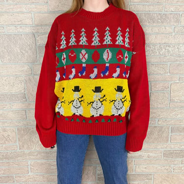 Vintage Holiday Christmas Print Pullover Knit Sweater Top 