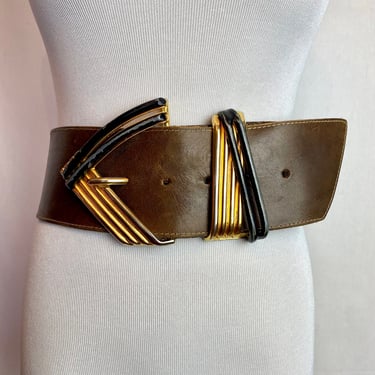 80’s Extra Wide brown leather dress belt New wave rocker boho 1980’s chunky ornate buckle Women’s statement belts size S/M 