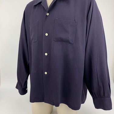 1950'S Gabardine Shirt - SKIPPER Label - Purplish Gray Rayon - Patch Pockets - Top Stitching Details - Loop Collar - Men's Size XLarge 