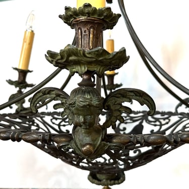 1900 Antique French Renaissance Revival Cast Verdigris Bronze Six Candle Style Light Large Chandelier 32 Round 