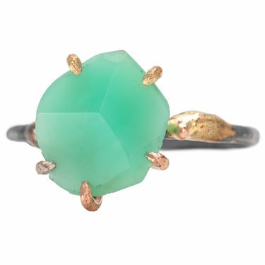 Chrysoprase Small Stone Ring - 18k/14k Gold +  Oxidized Sterling Silver