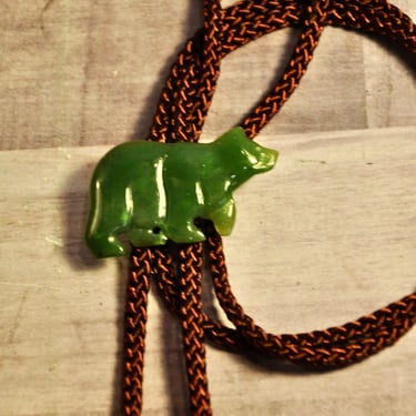 Native American Hand Carved Green Aventurine Bear Bolo Tie  Southwestern Tie Collectible Native American Zuni Gift for Him or Her RARE 